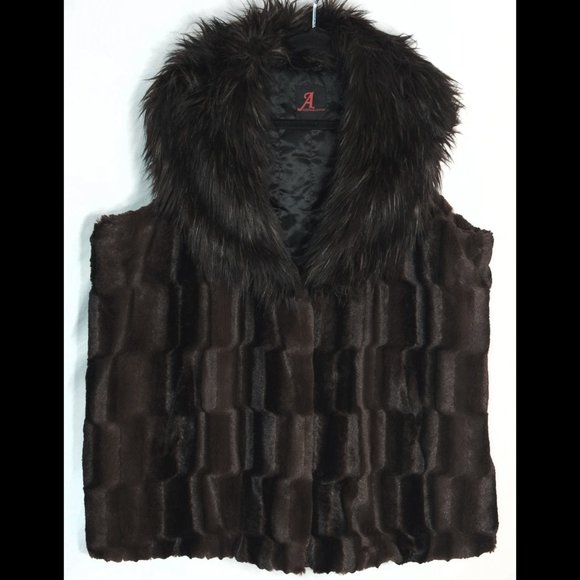 Nice 3X ADRIENNE LANDAU *MEGA COLLAR* Brown Women's Lined Faux Fur Trimmed Vest - Picture 3 of 3